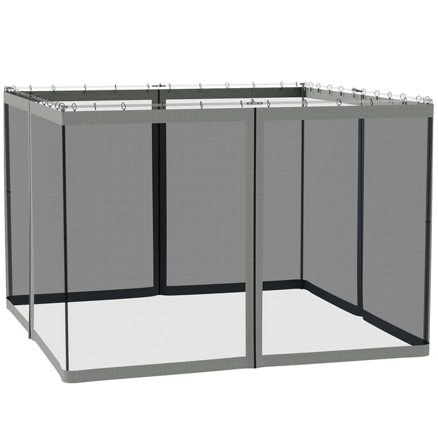 Outsunny Replacement Mosquito Netting for Gazebo 10' x 10' with Zippers, shown fully assembled on a gazebo frame. The netting features four separate panels made of durable nylon mesh in dark grey, each with a zipper for easy access and connection. Designed to fit most 10' x 10' (3x3m) gazebos, it includes black hooks for secure attachment to two types of pipes. The netting provides effective pest protection while maintaining visibility and airflow, making it ideal for outdoor dining or gatherings.