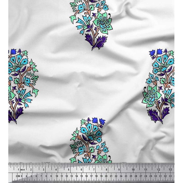 Soimoi Modal Satin Fabric Leaves & Floral Block Print Sewing Fabric Yard 42 Inch Wide