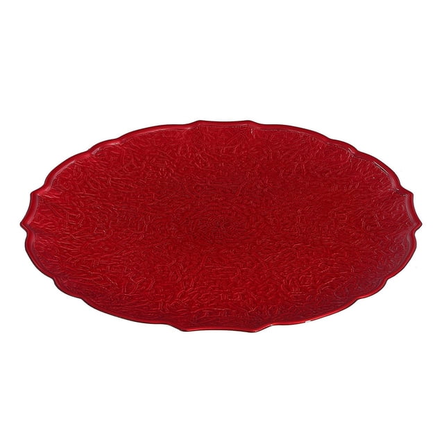 Assiette de Service Ronde (Texturée) (Rouge) (13 Pouces) avec Vue Orientée vers l'Avant d'Une Assiette en Mélamine Rouge Présentant une surface Texturée et des Bords Festonnés, Idéale pour la Vaisselle de Service de Cuisine et la Décoration des Dessus de Table, Convient Aussi pour Exposer des fruits Ou des Articles Décoratifs.