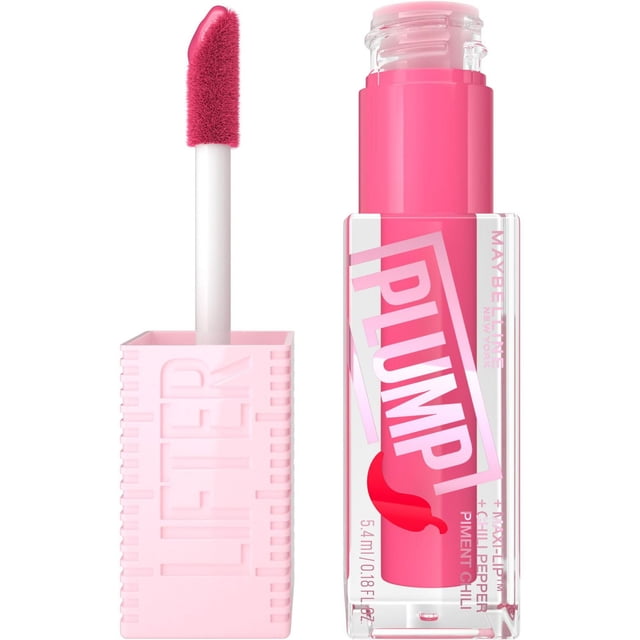 Maybelline New York Lifter Plump Lip Gloss, 5.4 ml, with applicator wand removed. The bright pink gloss tube is inside a clear case with bold pink 'PLUMP' text and chili pepper graphic. The applicator has a soft, angled tip coated in vibrant pink gloss. The light pink square cap features embossed 'LIFTER' lettering.