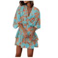 thumbnail image 2 of Robe Courte à Imprimé Floral pour Femmes, Plissée, Col en V, Cordon de Serrage, Taille Élastique, à Volants, Superposée, Robe Courte, 2 of 5