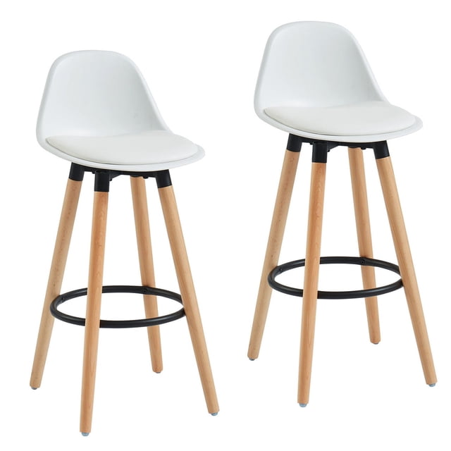 Tabouret de Comptoir Moulé en ABS - Ensemble de 2 avec Sièges en Plastique ABS Blanc Incurvé et Coussins en Mousse Souple Rembourrés en Similicuir, Soutenus par des Pieds en Hêtre Massif à Fini Naturel et des Repose-Pieds en Métal Noir, Conçu pour des Sièges de 26 Pouces de Hauteur de Comptoir dans la Cuisine Ou les Salles à Manger, Convient Aussi aux Sièges Décontractés au Travail.