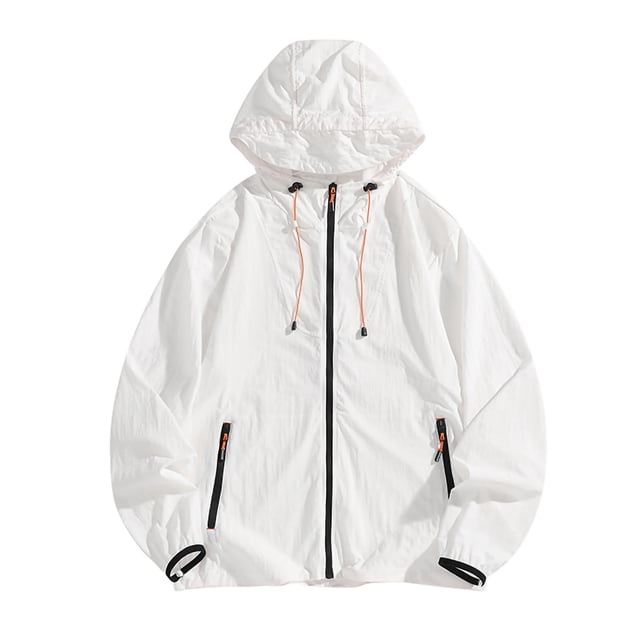 Maqroz Veste de Soleil pour Homme UPF 50++ à Capuche à Fermeture Éclair Intégrale Protection UV SPF Rafraîchissante Légère avec Poches Été Ajustable Séchage Rapide Veste de Sport de Piste Randonnée Pêche Plein Air Blanc TTG