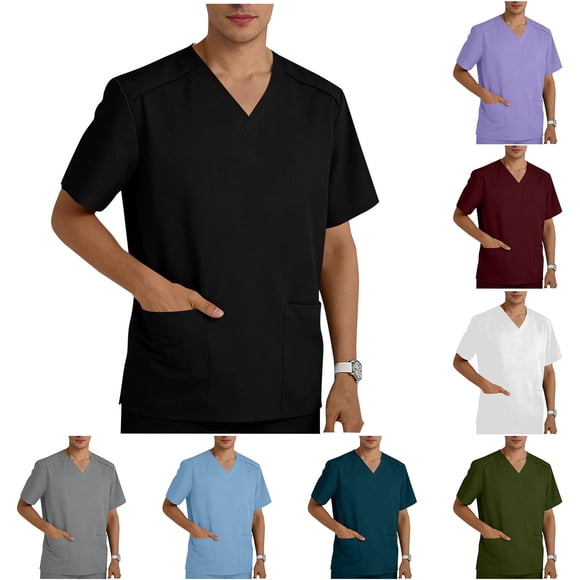 XUNKUSGA Scrub Tops Soft Stretch Men's V-Neck Top Classic Soild Color Comfortable Scrubs for Men Ultra Soft Fade Resistant Scrub Top with Pockets S-3XL Blue