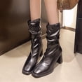 thumbnail image 2 of Black Mid Calf Boots For Ladies Pointed Toe Rear Zipper Chunky Heel High Heel Pleated Winter Casual Shoes For Cold Weather Outings Size 41, 2 of 6