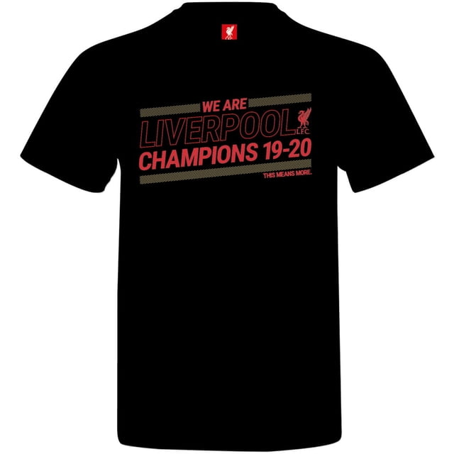 Liverpool - Black & Gold Premier League Champions T-Shirt featuring the text 'WE ARE LIVERPOOL CHAMPIONS 19-20' in bold red and gold accents on a black background. Made from 100% cotton, this men's t-shirt is ideal for fans celebrating the 2019-2020 championship season.