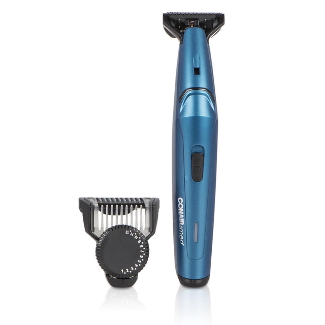 The Barber Shop Pro Series by Conair Adjustable Beard Trimmer in metallic blue with a slim ergonomic body, featuring a precision-engineered trimmer head and a removable adjustable comb with 23 length settings from 0.5 to 12 mm, ideal for detailed beard, moustache, and neckline grooming.