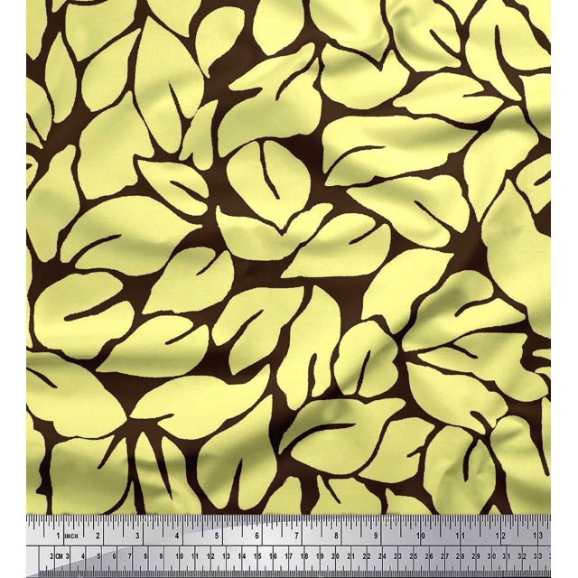 Soimoi Brown Modal Satin Fabric Basil Leaves Print Fabric by the Yard 42 Inch Wide