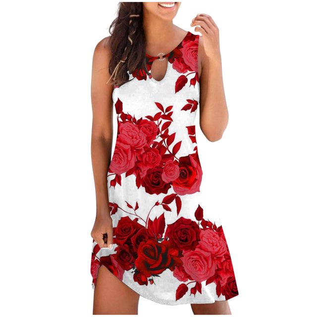 RKSTN Robe d'Été pour Femmes, Robe Débardeur d'Été Décontractée Ample à Imprimé Floral pour Femmes, Robe de Plage Ajourée Sans Manches, Robes de Plage, Robes Grande Taille pour Femmes