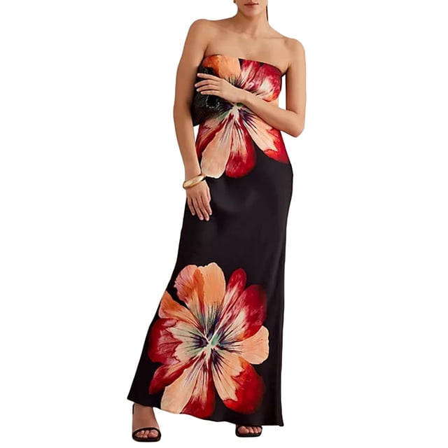 Gupgi Robe Tube à Imprimé Floral pour Femmes, Sans Bretelles, Dos Nu, Longue, Vintage, Épaules Dénudées, Cocktail, Plage