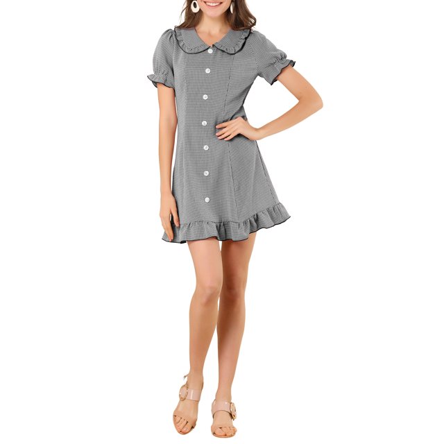 INSPIRE CHIC Women's Ruffle Peter Pan Collar Casual Button up Checkered Dress
