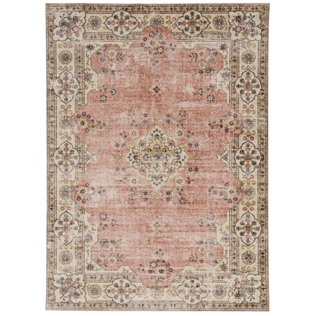 Blanton 2' x 3' washable accent rug in pink and ivory featuring a distressed antique French Aubusson floral pattern with pastel peach and grey tones, made of stain-resistant 100% polyester with nonslip rubber backing, ideal for high traffic areas and machine washable for easy maintenance.