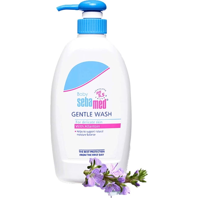 Sebamed Baby Gentle Wash | Ph 5.5 | Soap Free | Tear Free | 400ml Front-facing white 400ml bottle with green flip-top cap and sebamed logo, labeled pH 5.5; mild cleanser that moisturizes and soothes delicate, sensitive baby skin.