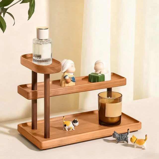 Amzcrzy Wooden Storage Rack Living Room Decor Wooden Multi-Tier Storage Display Rack Desktop Decorative Storage Stand Solid Wood Cup Holders Tea Set Storage Rack Perfume Display Stand