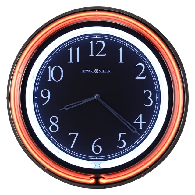HOWARD MILLER GALLERIA NEON WALL CLOCK 625751 featuring a polished chrome metal case with a black dial, white Arabic numerals, and silver-finished hands. The clock is accented by a glowing neon white inner ring and a neon red outer ring, powered by a UL Listed adapter. Designed with a flat glass crystal and quartz movement requiring one AA battery, this oversized wall clock blends 1980s neon inspiration with a modern aesthetic.