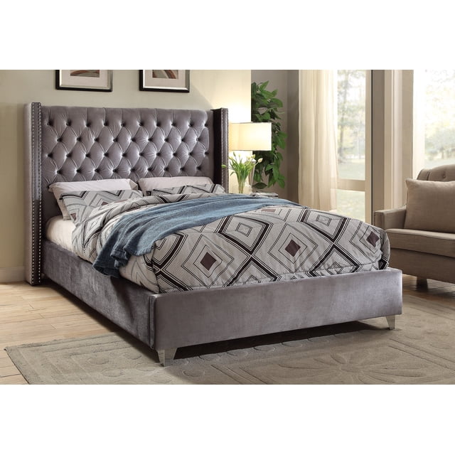 Lit en Tissu Velours Gris avec Tête de Lit à Clous Décoratifs - Grand Lit