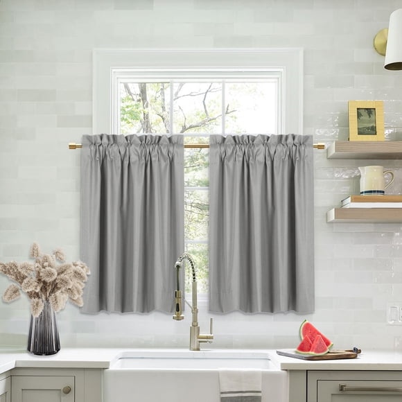Lapalife Blackout Kitchen Curtains 36 Inches Long 2 Panels, Rod Pocket Short Curtains for Samll Windows Thermal Insulated Cafe Curtains for Kitchen Bathroom Basement, Grey