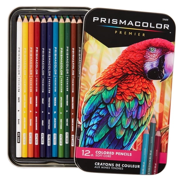 Prismacolor Craies de Cire Premier, Noyau Souple, Assortiment de 12 avec Noyaux Doux et Crémeux pour une Ombrage et un Estompage Fluides, Présentés dans une Boîte Métallique Ouverte avec une illustration de Perroquet Vibrante sur le Couvercle, Idéal pour les Projets d'Arts et d'Artisanat Scolaires et les Craies de Cire.