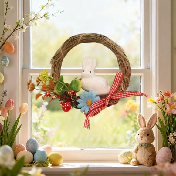 Yunuuuoa Couronne de Pâques Décoration Couronne en Rotin avec Nid d'Oiseau et Poussins, Guirlande Florale de Printemps pour Maison Porte Mur Fête Congé Décor Festif
