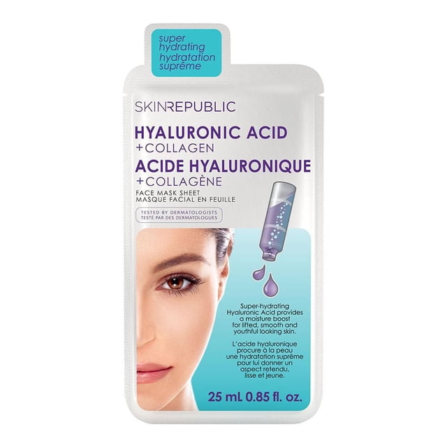 Skin Republic sachet de Masque Facial à l'Acide Hyaluronique et au Collagène avec Emballage Blanc et Bleu et Texte Violet, Présentant un Graphique d'Une Bouteille de Sérum Dégoulinant Liquide Hydratant, Conçu pour Augmenter l'Hydratation et Favoriser une Peau Plus Ferme et Jeune, 25 ml (0.85 fl. oz.)