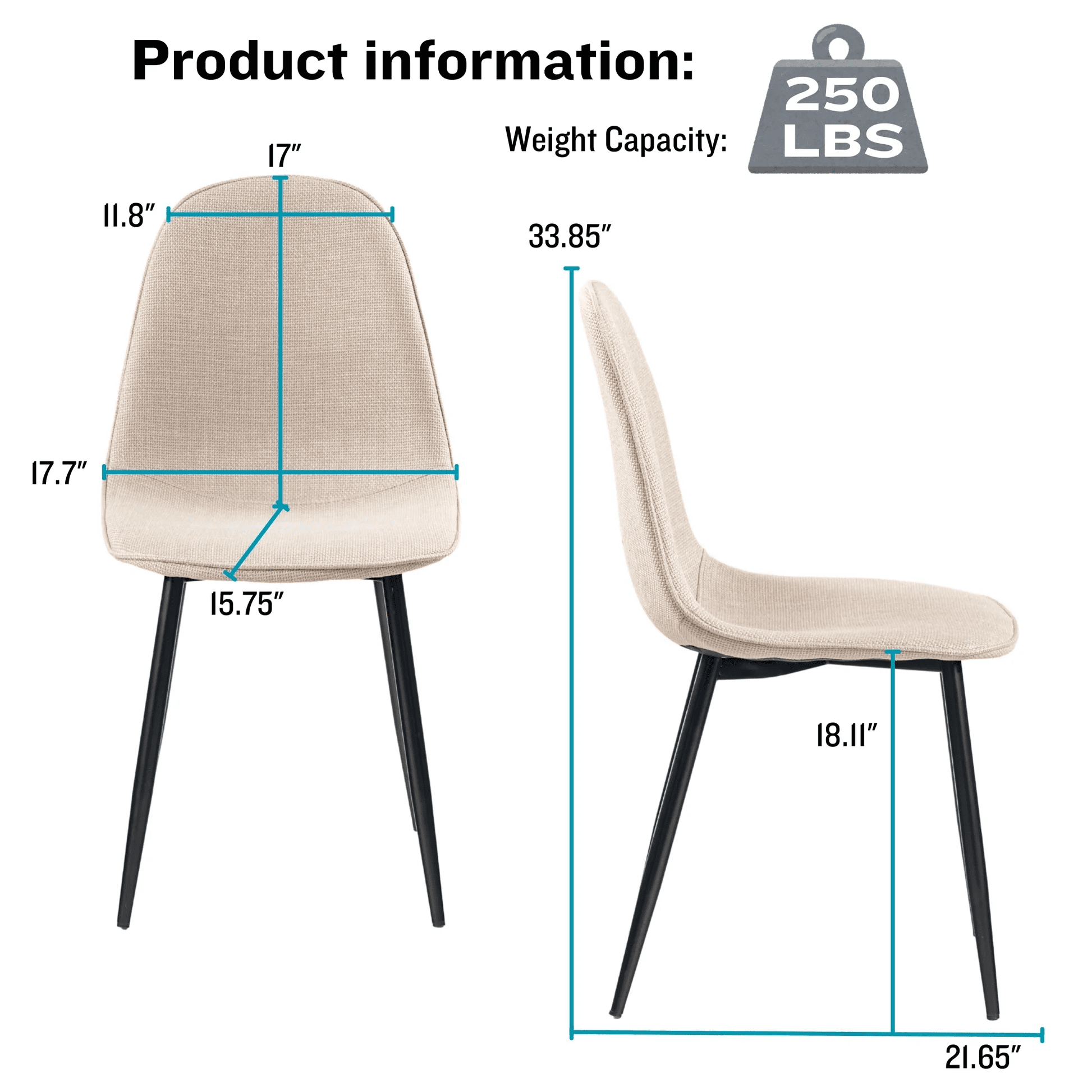 Homy Casa Lot de 4 Chaises de Salle à Manger, Chaises d'Appoint Modernes en Tissu Tweed Beige avec Pieds en Métal Robustes
