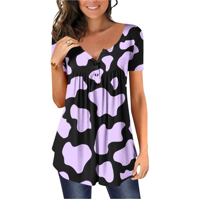 SMihono Hauts pour Femmes Été Chic Décontracté T-Shirt à Col Rond pour Femmes avec Imprimé Vache Couvrant Haut à Manches Courtes pour Femmes T-Shirt Oversize pour Femmes