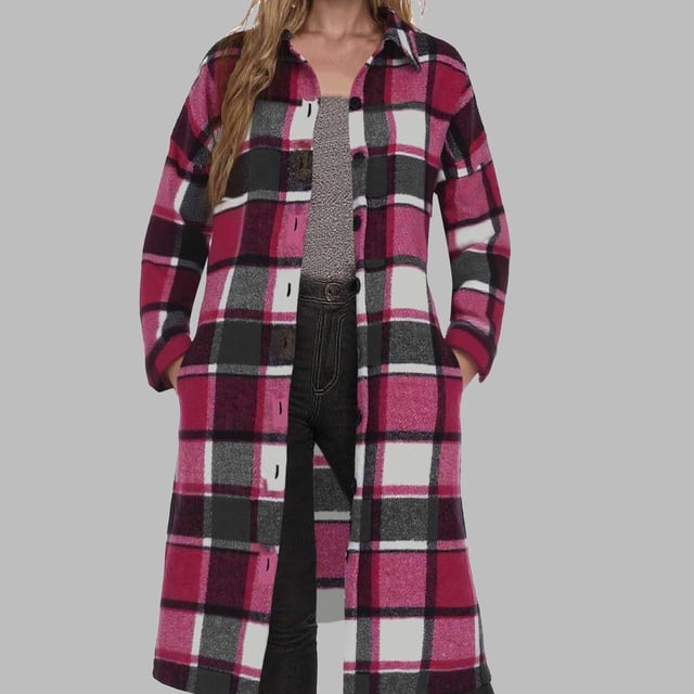 Women's Long Plaid Flannel Shirts Shacket Plus Size Long Sleeve Oversized Button Shirt Fall Spring Trench Coat with Pockets M