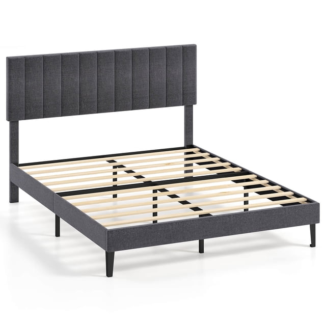 Costway Queen Size Bed Frame with Height Adjustable Vertical Channel Headboard in gray. Features a linen fabric upholstery with sponge filling, a vertical channel design, and a sturdy platform with wooden slats and middle metal legs. Includes 6.5 inches of under-bed space for storage and noise-free foam for a restful sleep.