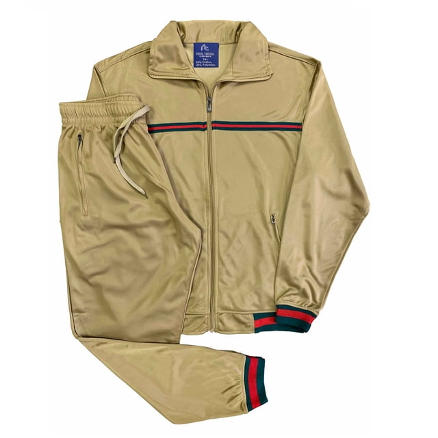 Men's StarLight Active Fashion Stripe Jogger Track Jacket & Trackpants 2 Piece Set in beige with green and red stripe accents. Features a full zip-up track jacket with zippered side pockets and a stand collar, paired with jogger-style track pants with drawstrings and elastic cuffs. Ideal for men's activewear, gym workouts, casual outings, and retro-themed events.