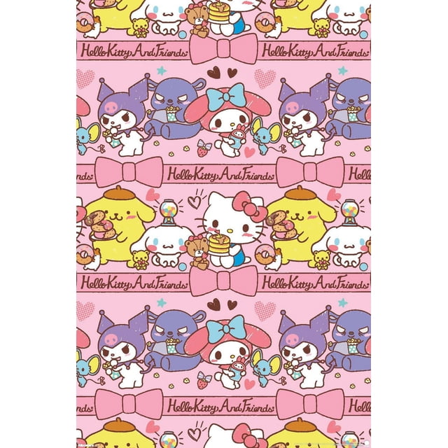 Hello Kitty and Friends: 25 Snack Time - Collage Wall Poster, 14.725" x 22.375" framed, features a repeating pink pattern with Sanrio characters including Hello Kitty holding pancakes and a teddy bear, Pompompurin with donuts, Cinnamoroll with a gumball machine on his head, My Melody with a blue bow holding a small doll, Kuromi with a skull hat eating popcorn, and Badtz-Maru drinking popcorn, accented by hearts, bows, and 'Hello Kitty And Friends' text, suitable for bedroom or kid's room wall décor.