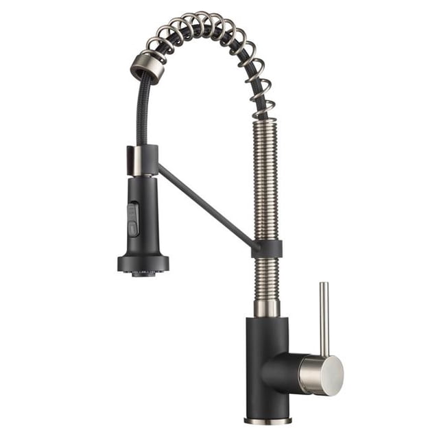 Kraus KPF-1610SFSMB Robinet de Cuisine Commercial Bolden de 18 Po Sans Taches avec Tête de Jet Rétractable à Double Fonction en Acier Inoxydable Tout-Brite et Fini Noir Mat. Doté d'Un Bec à Spirale Ouverte à Grand Arc, d'Un Pulvérisateur à Double Fonction et d'Une Technologie de Portée pour une Maniabilité Supérieure. Hauteur Compacte de 18 Po s'Adapte à la Plupart des Armoires de Cuisine. Comprend des Conduites d'Eau Préinstallées et la Quincaillerie de Montage.