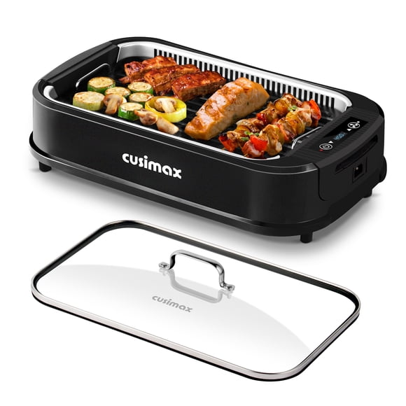 CUSIMAX 1500W Portable Smokeless Indoor Electric Grill – Korean BBQ Grill with LED Touch Display, Tempered Glass Lid, Nonstick Removable Plate, Black