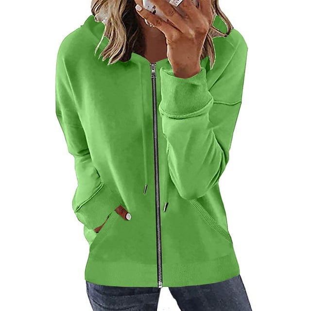 PEZHADA Économies d'Automne Chandail à Capuchon à Fermeture à Glissière Décontracté pour Femme, Veste Ouverte à l'Avant, Coupe Ample, Manteau à Manches Longues avec Cordon, Chandail à Capuchon avec Poche, Vert