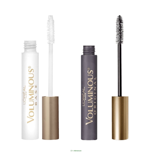 Voluminous Duo Pack with L'Oreal Paris Voluminous Base primer in white tube with gold cap and wand, alongside Voluminous Original mascara in dark gray tube with gold cap and brush applicator, boosting lash volume and length.