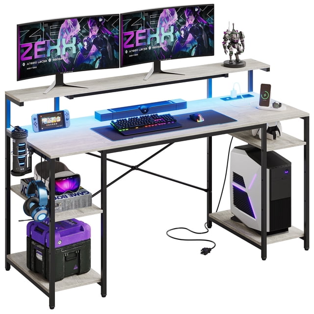 Bestier 55 inch Computer Desk with Outlets, Gaming Desk with LED Light, Grey Desk with Monitor Stand