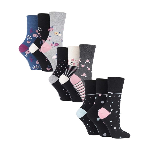 Gentle Grip - 9 Pairs Ladies Cotton Soft Top Patterned Non Elastic Crew Socks