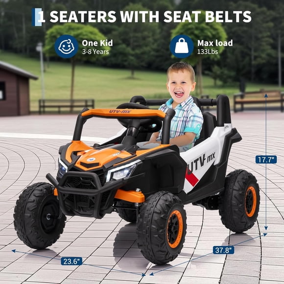 OUYAWEI 12V Ride On UTV Truck Parental Remote Control 4 Spring Suspension EVA Tires Safety Belt Bluetooth LED Orange