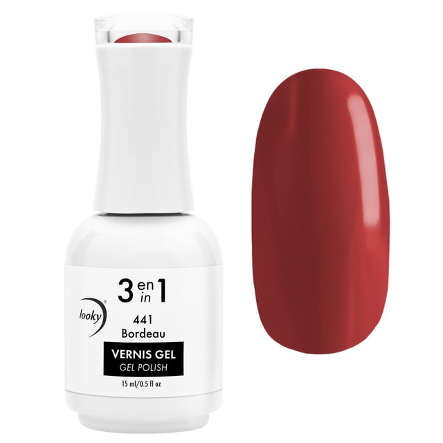 Looky Vernis à Ongles Gel 3-en-1, Couleur de Base, Qualité Salon UV LED Cure, Longue Durée, 15ml - 441 Bordeaux (Rouges)
