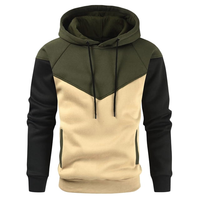 Yuyuzo Men Pullover Sweatshirts Long Sleeve Drawstring Hooded Sports Solid Color Patchwork Hoodies for Men
