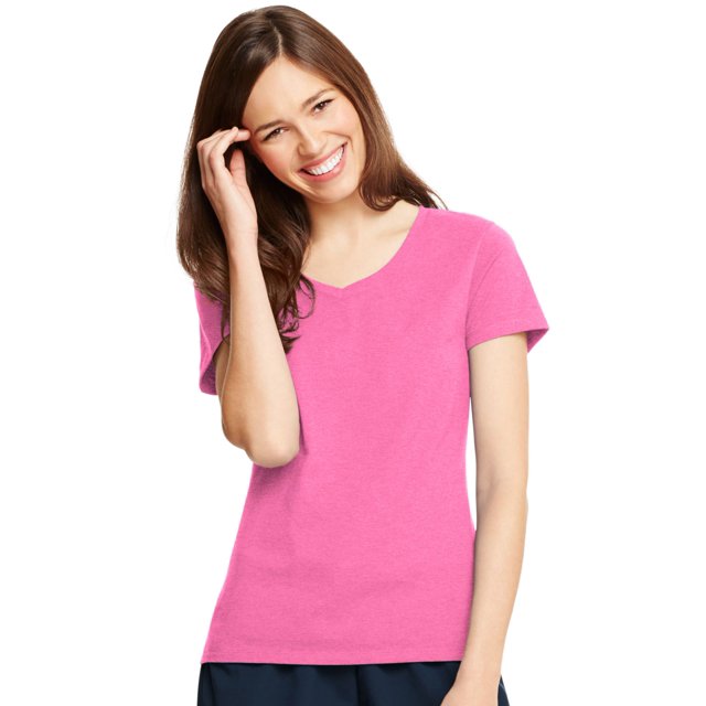 Hanes T-Shirt Col en V pour Femmes X-Temp, 2TG, Rose Néon Chiné
