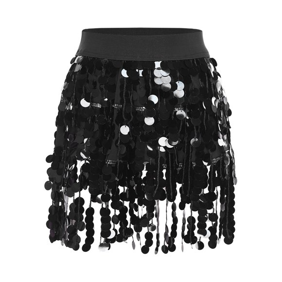 Jizyo Women Sparkly Sequin Tassel Skirt Fringe Belly Dance Hip Scarf Skirts Metallic Rave Party Wear Type A Black One Size
