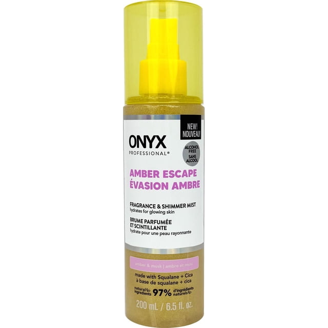 Brume Parfumée et Scintillante Amber Escape par Onyx Professional, Vaporisateur 200 ml (6.5 fl. oz.) avec Capuchon Jaune, Brume Corporelle Hydratante Sans Alcool avec 97 % d'Ingrédients Naturels Incluant squalane et cica, Parfum Ambre et Musc pour une Peau Éclatante.