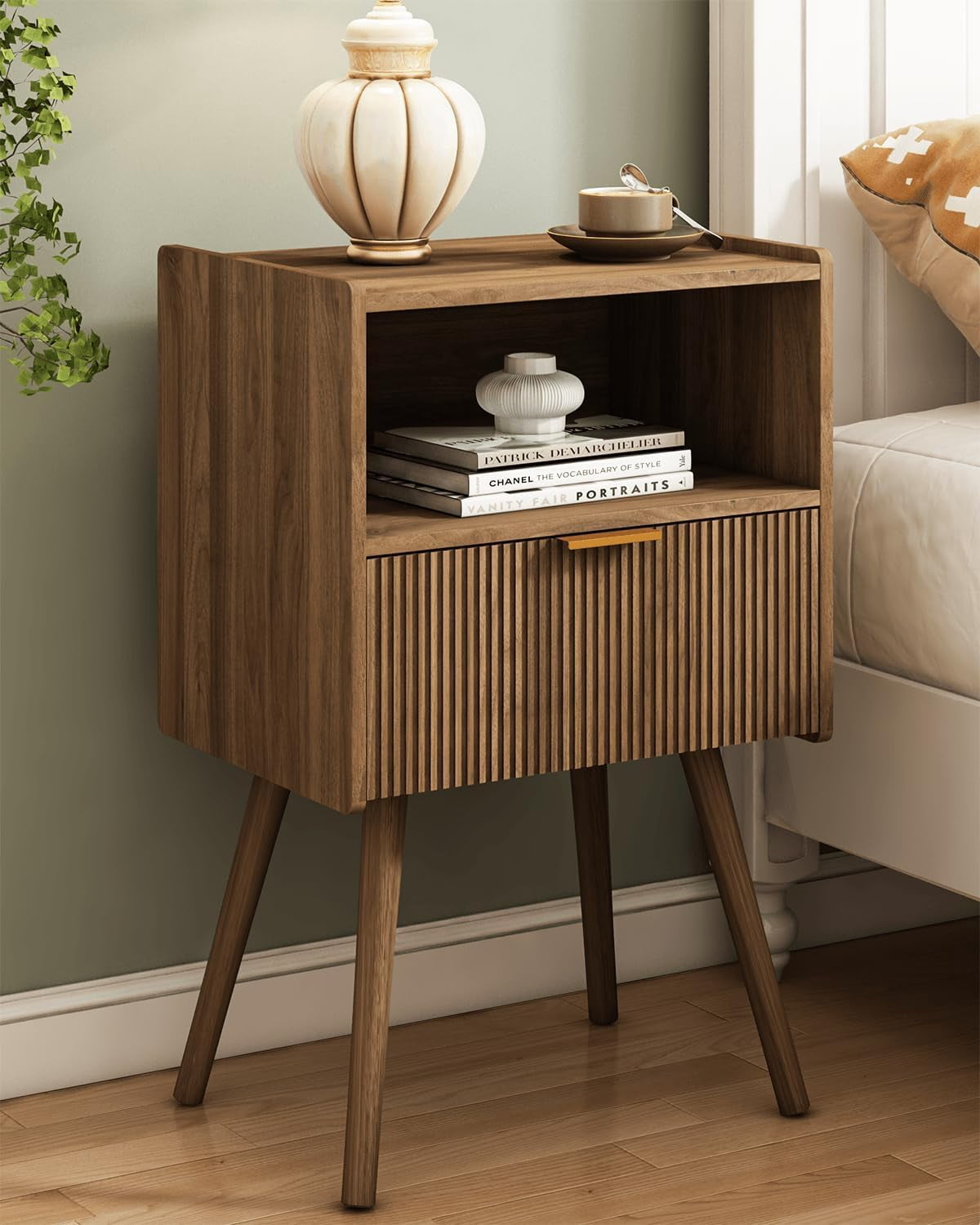 Walnut Brown Modern Nightstand with Storage Drawer & Open Wood Shelf, Solid Pine Leg Bedside End Table, 16.5"×11.8"×25.6" Compact Side Table for Bedroom Living Room Small Spaces
