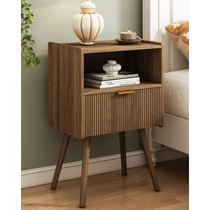 Walnut Brown Modern Nightstand with Storage Drawer & Open Wood Shelf, Solid Pine Leg Bedside End Table, 16.5"×11.8"×25.6" Compact Side Table for Bedroom Living Room Small Spaces