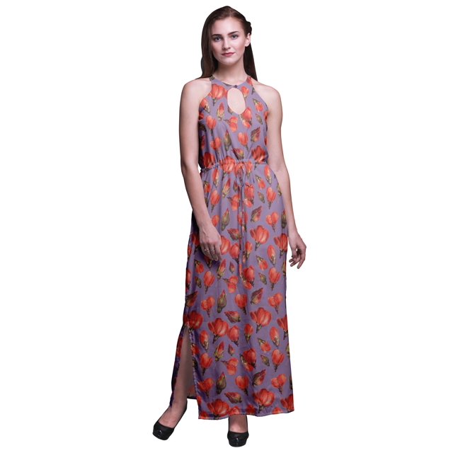 Bimba Robe Longue de Soirée à Imprimé Floral pour Femmes, Col Rond, Fentes Latérales, Grande Taille