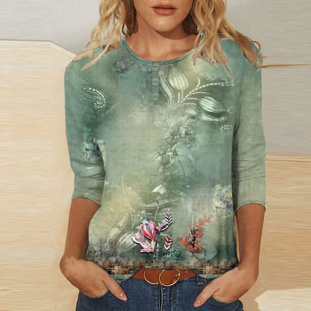 T-shirts pour Femmes T-shirt Ample Imprimé de Mode pour Femmes Blouse à Manches 3/4 Col Rond Hauts Décontractés Blouses pour Femmes Été en Liquidation