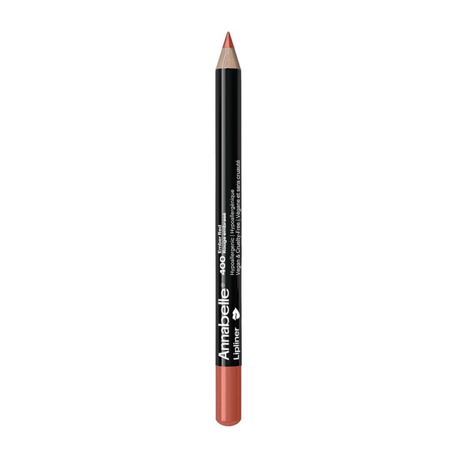 Annabelle Lip Liner, 400 Ember Red, shown upright with a sharpened tip and black barrel featuring white branding text, designed for precise lip definition with a soft, smooth texture that ensures a natural finish and hypoallergenic wear, also suitable for detailed lip art.