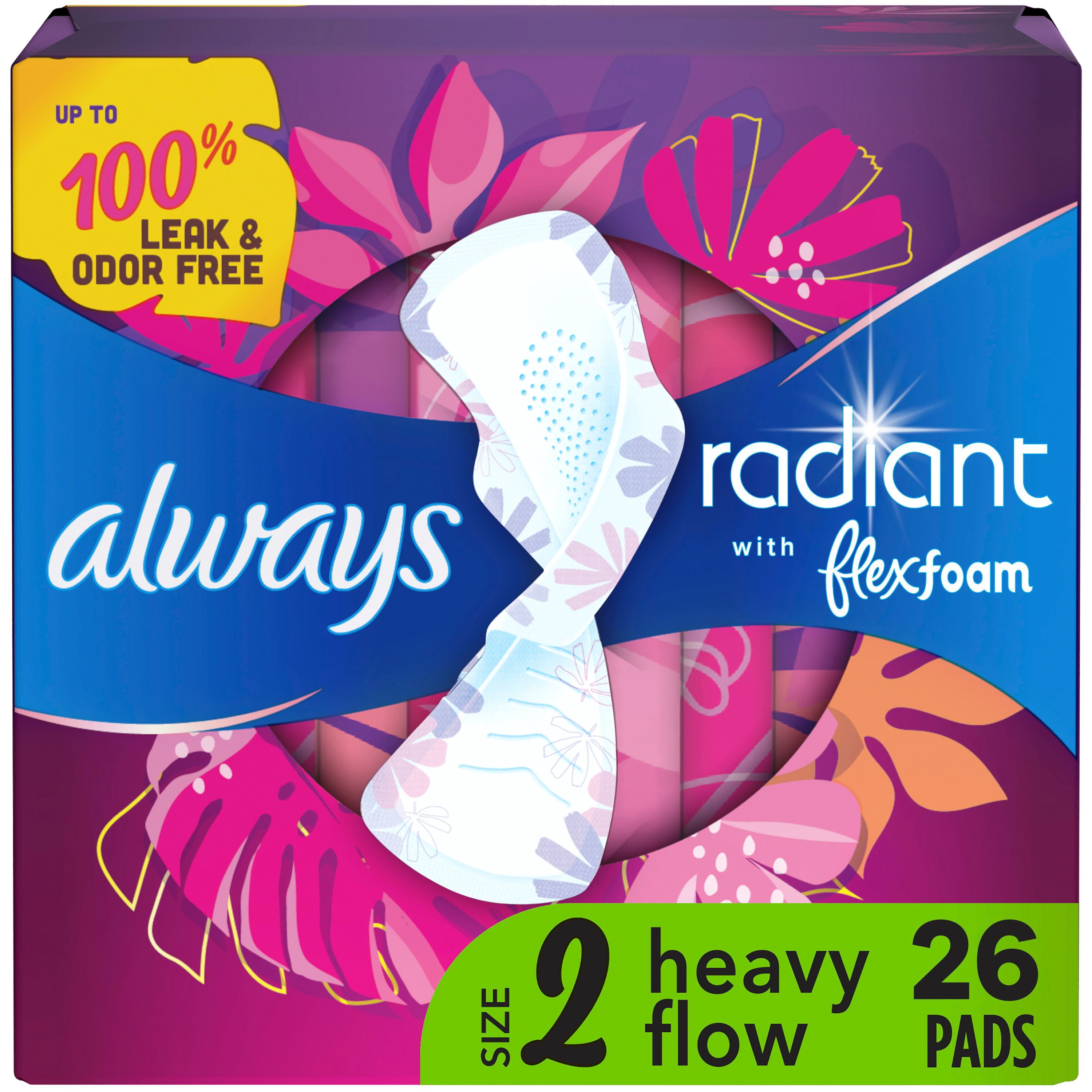 Serviettes Always Radiant Avec Flexfoam, Taille 2, Forte, Avec Ailes, Parfum Légèrement Frais, 26 Unités
