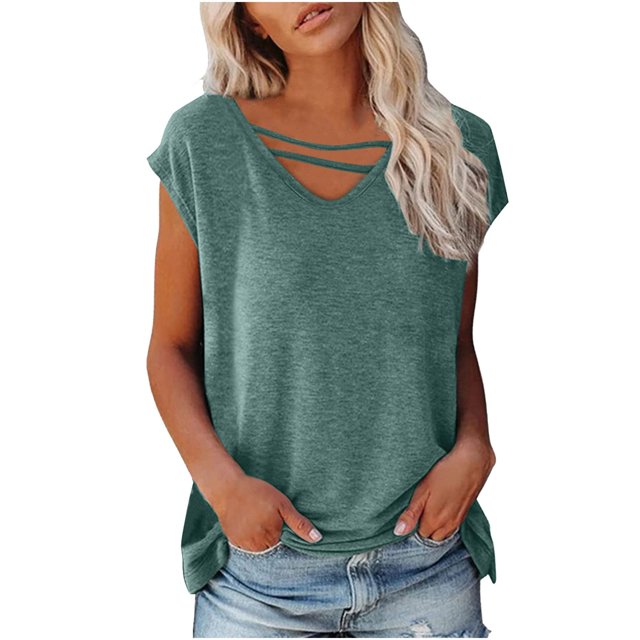 CEHVOM Womens Casual Solid Color Pullover Round Neck Short Sleeve T-shirt Tops Clearance