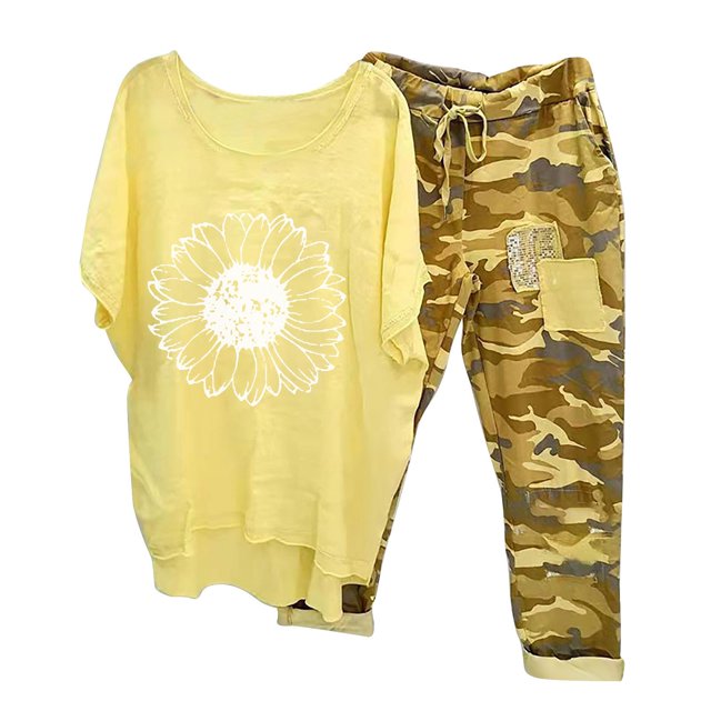 Ensembles Courts Femmes Ensembles 2 Pcs Vacances T-Shirt à Imprimé pour Femmes Col Ras du Cou Manches Mi-Longues Chandail Haut + Pantalon Ensemble de Pantalons Ensembles pour Femmes Vêtements en Liquidation